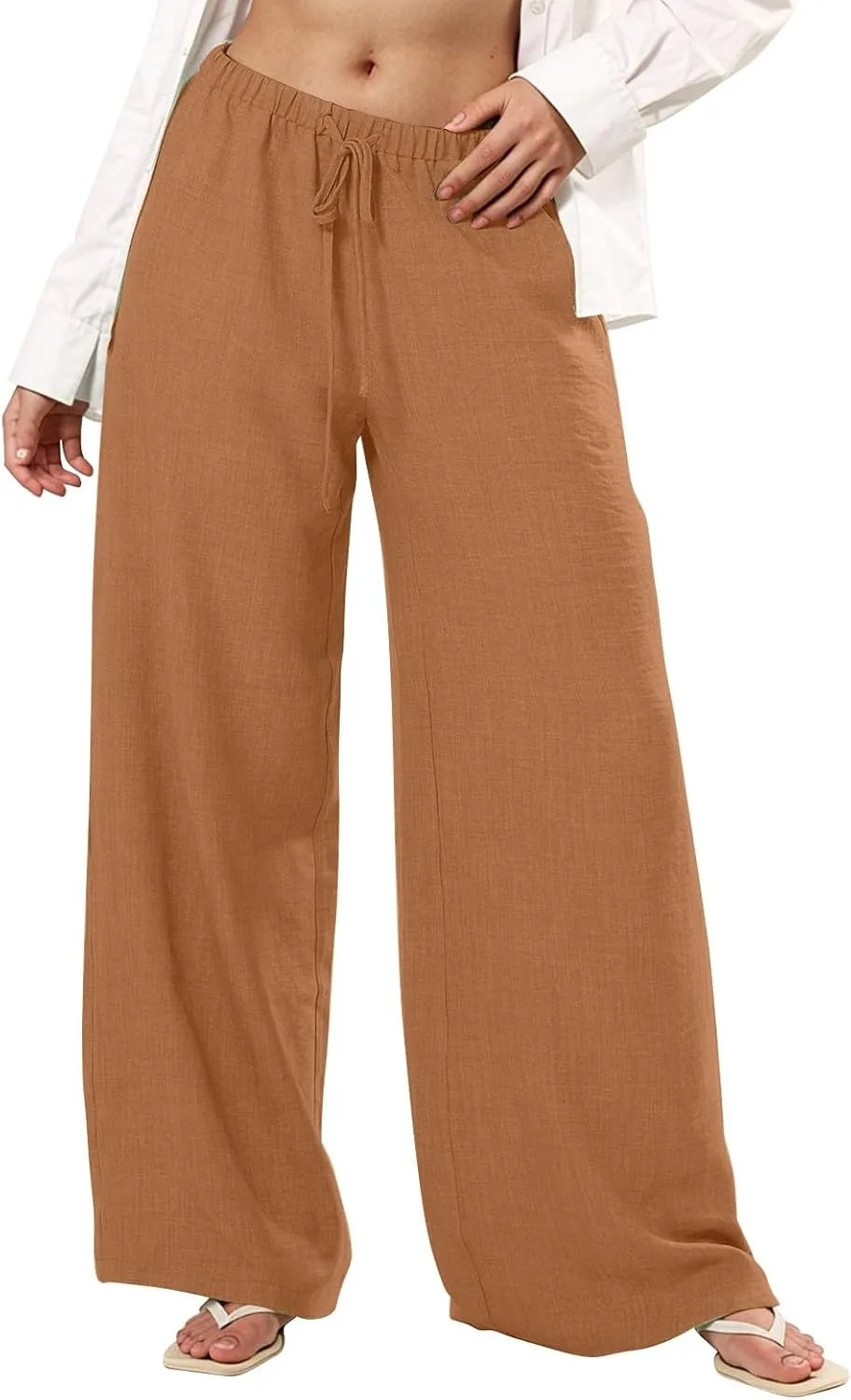 Womens Cargo Pants, White Pants Women Linen Cotton Work Palazzo Trousers Straight Leg Summer High Waisted