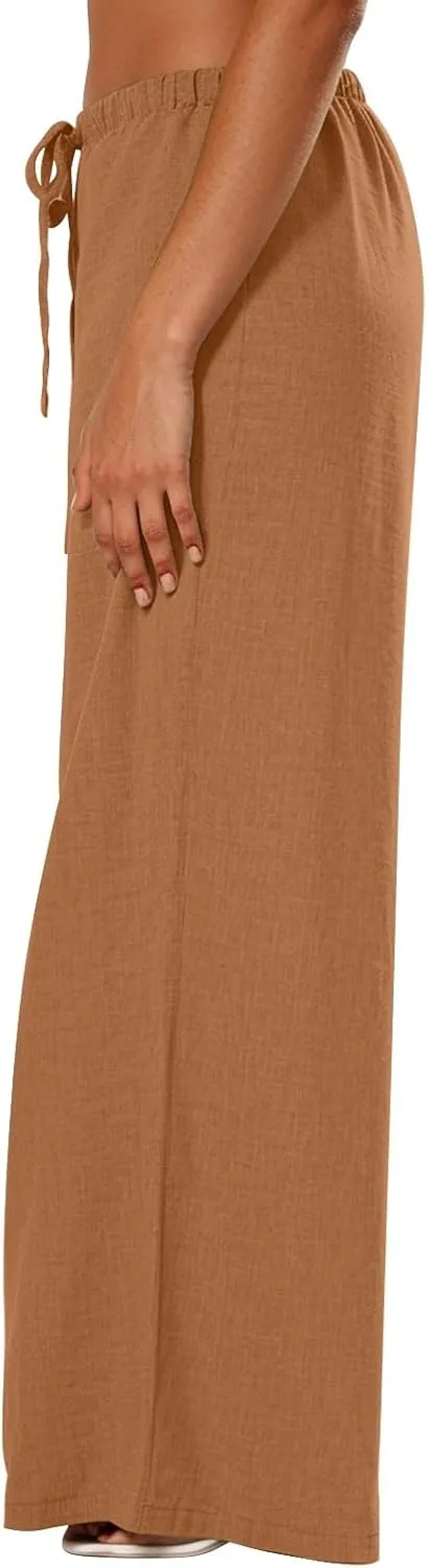 Womens Cargo Pants, White Pants Women Linen Cotton Work Palazzo Trousers Straight Leg Summer High Waisted