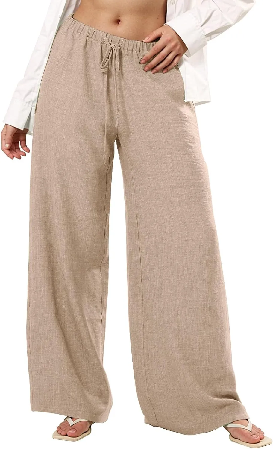 Womens Cargo Pants, White Pants Women Linen Cotton Work Palazzo Trousers Straight Leg Summer High Waisted