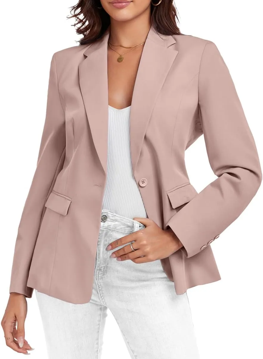 Womens Casual Blazer Open Front Business Suit Jacket Long Sleeve Button Work Office Blazer Summer Lightweight