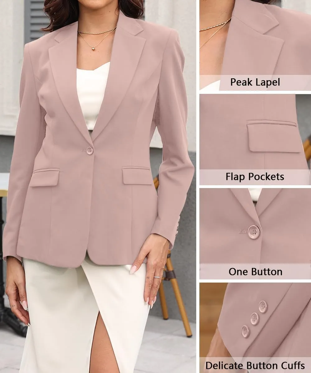 Womens Casual Blazer Open Front Business Suit Jacket Long Sleeve Button Work Office Blazer Summer Lightweight
