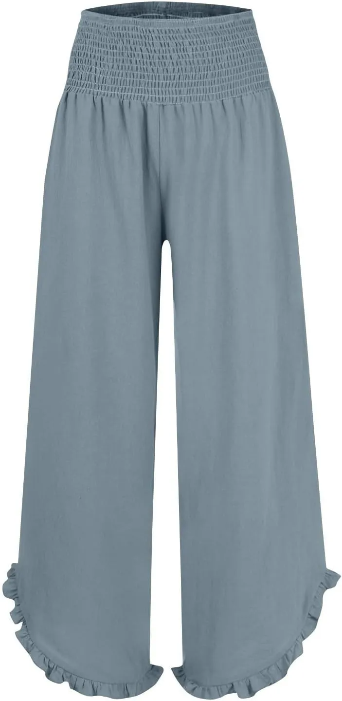 Womens Casual Linen Pants Drawstring Elastic Waist Wide Leg Loose Fit Trousers Beach Vacation Outfits