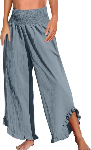 Womens Casual Linen Pants Drawstring Elastic Waist Wide Leg Loose Fit Trousers Beach Vacation Outfits
