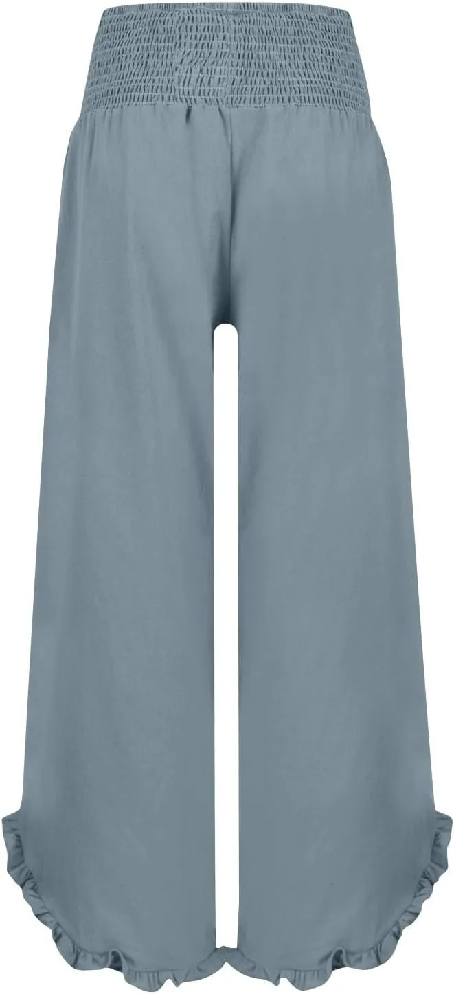 Womens Casual Linen Pants Drawstring Elastic Waist Wide Leg Loose Fit Trousers Beach Vacation Outfits