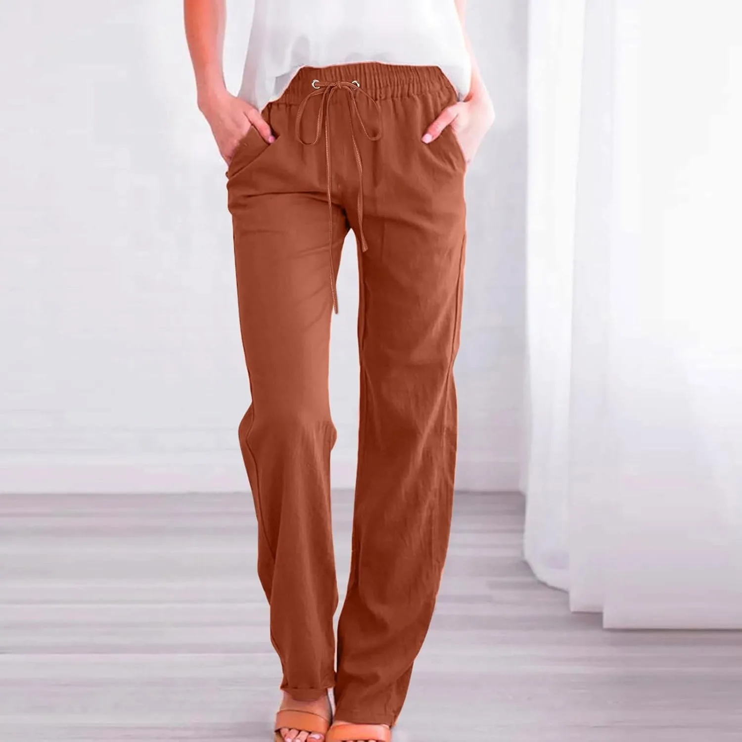 Women's Casual Linen Pants High Waisted Straight Leg Pants Summer Flowy Wide Leg Drawstring Trousers with Pockets