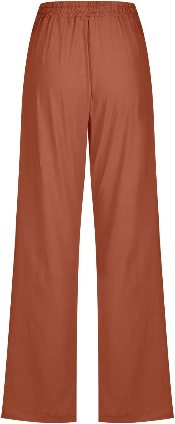 Women's Casual Linen Pants High Waisted Straight Leg Pants Summer Flowy Wide Leg Drawstring Trousers with Pockets