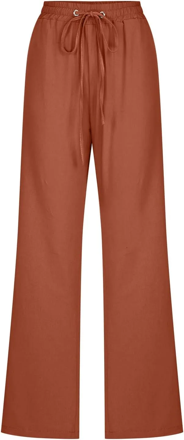 Women's Casual Linen Pants High Waisted Straight Leg Pants Summer Flowy Wide Leg Drawstring Trousers with Pockets