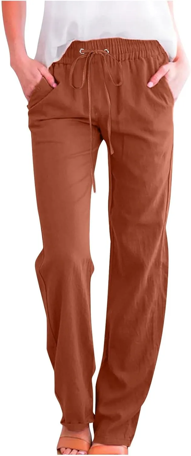 Women's Casual Linen Pants High Waisted Straight Leg Pants Summer Flowy Wide Leg Drawstring Trousers with Pockets