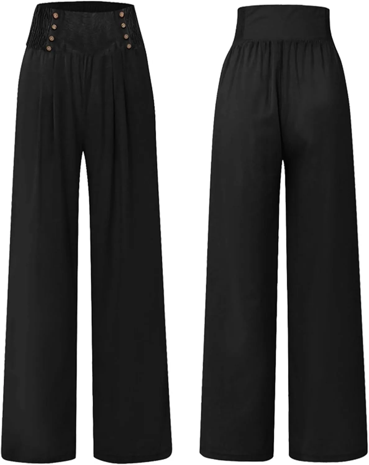 Women's Classy High Waist Double Buttons Pants Wide Leg Regular Fit Trousers with Pockets