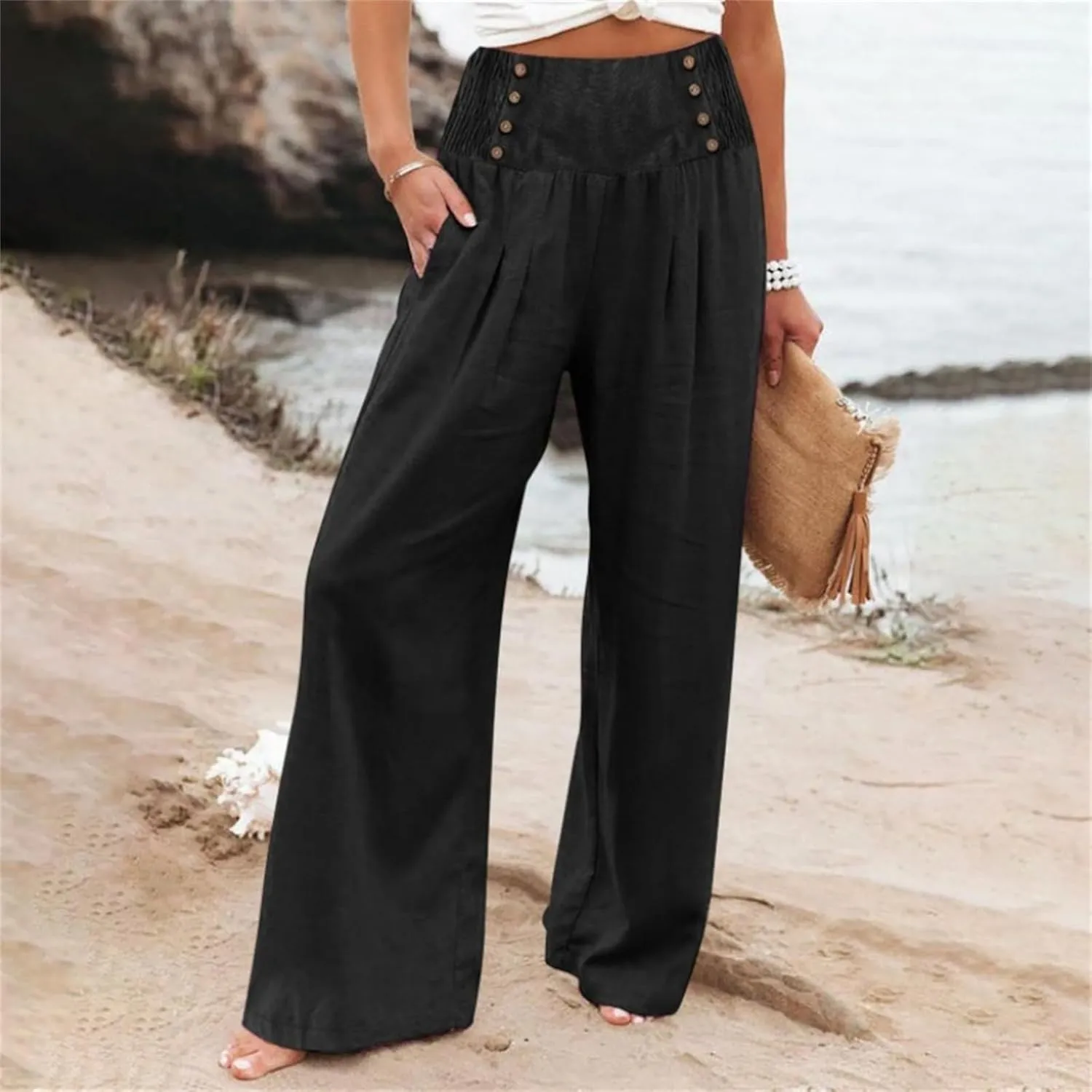 Women's Classy High Waist Double Buttons Pants Wide Leg Regular Fit Trousers with Pockets