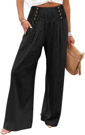 Women's Classy High Waist Double Buttons Pants Wide Leg Regular Fit Trousers with Pockets