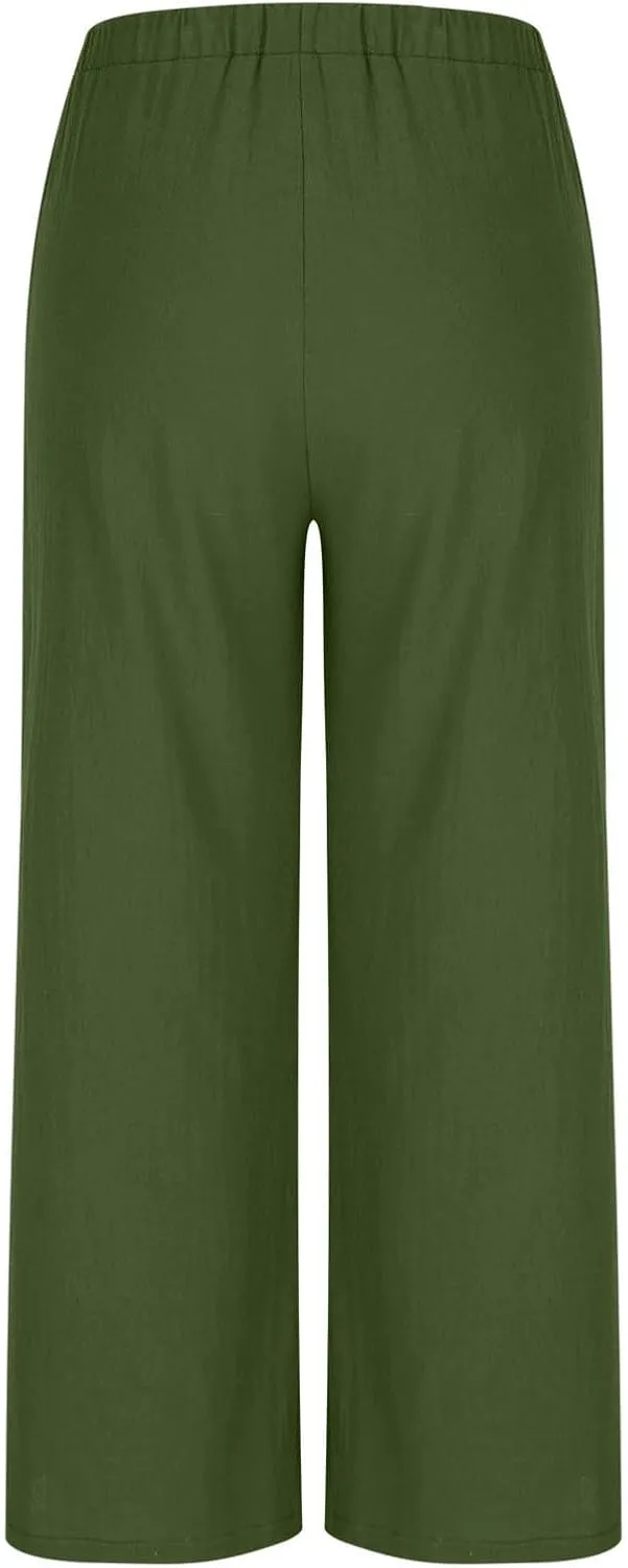 Womens Cotton Linen Palazzo Pants Drawstring Elastic Waist Wide Leg Pants Summer Casual Flowy Trousers with Pockets