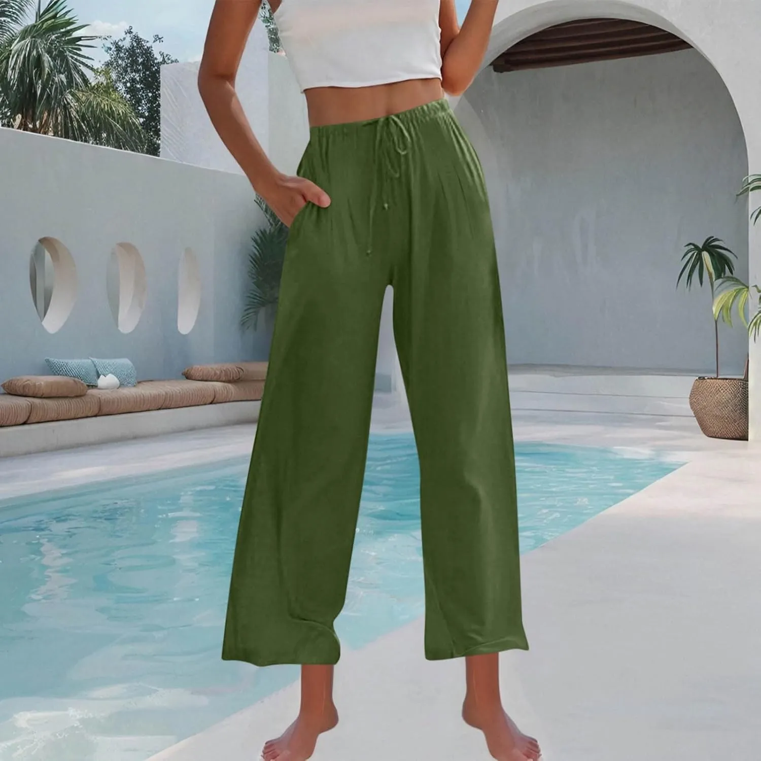 Womens Cotton Linen Palazzo Pants Drawstring Elastic Waist Wide Leg Pants Summer Casual Flowy Trousers with Pockets