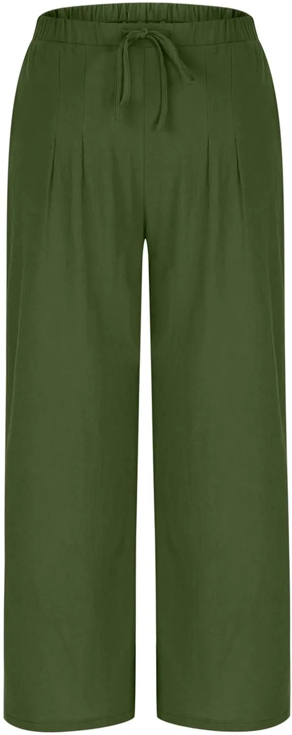 Womens Cotton Linen Palazzo Pants Drawstring Elastic Waist Wide Leg Pants Summer Casual Flowy Trousers with Pockets