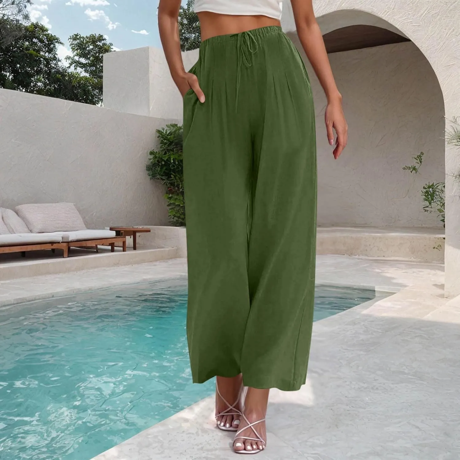 Womens Cotton Linen Palazzo Pants Drawstring Elastic Waist Wide Leg Pants Summer Casual Flowy Trousers with Pockets