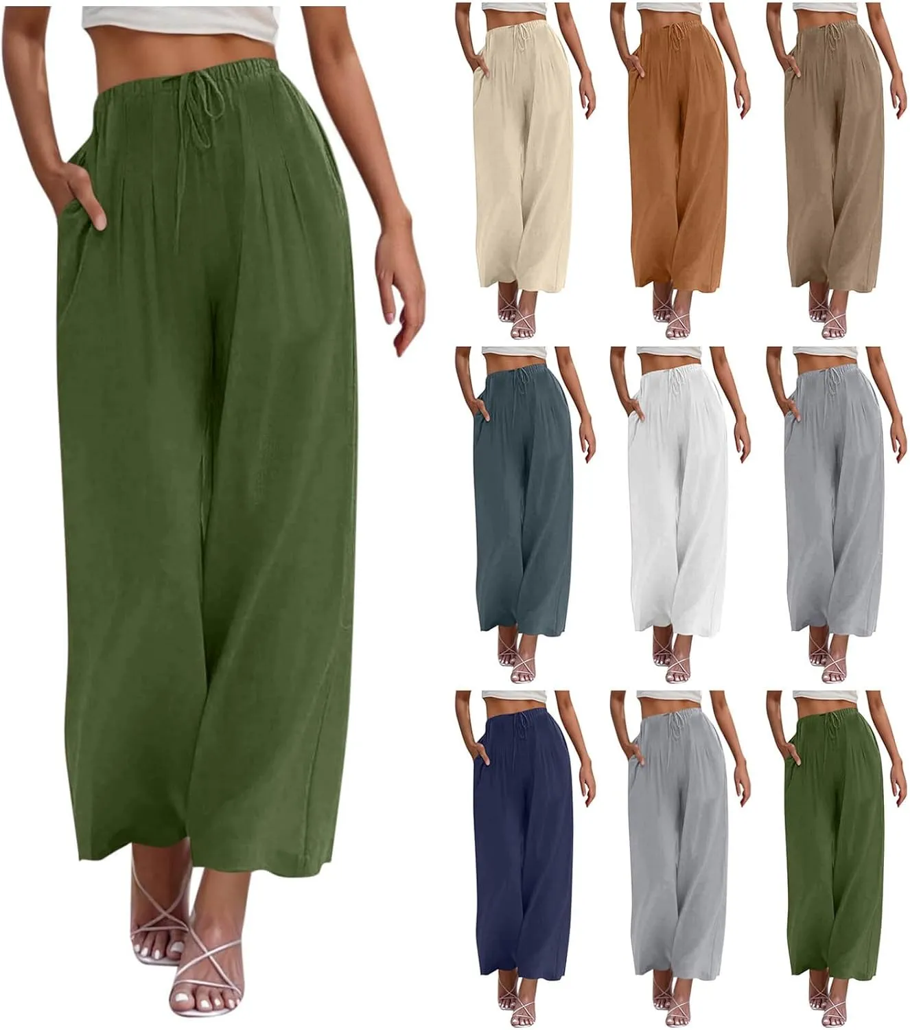 Womens Cotton Linen Palazzo Pants Drawstring Elastic Waist Wide Leg Pants Summer Casual Flowy Trousers with Pockets