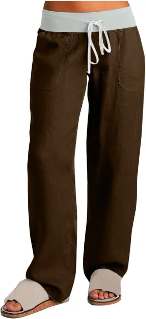 Women's Cotton Linen Pants Drawstring Straight Leg Casual Trousers Summer Hiking Workout Cargo Pants with Pockets
