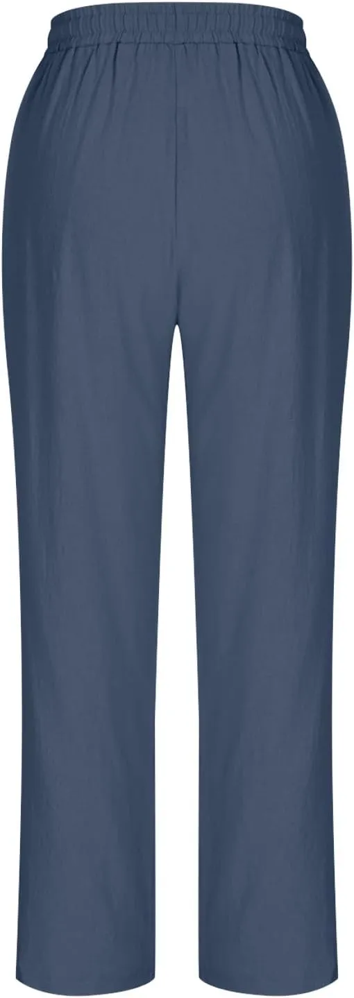 Women's Cotton Linen Pants Summer Straight Leg High Waisted Capri Pants Casual Drawstring Beach Trousers with Pockets
