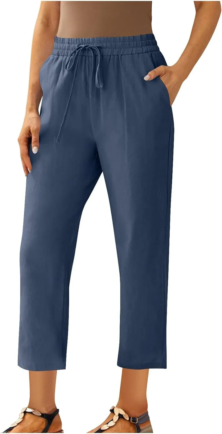 Women's Cotton Linen Pants Summer Straight Leg High Waisted Capri Pants Casual Drawstring Beach Trousers with Pockets