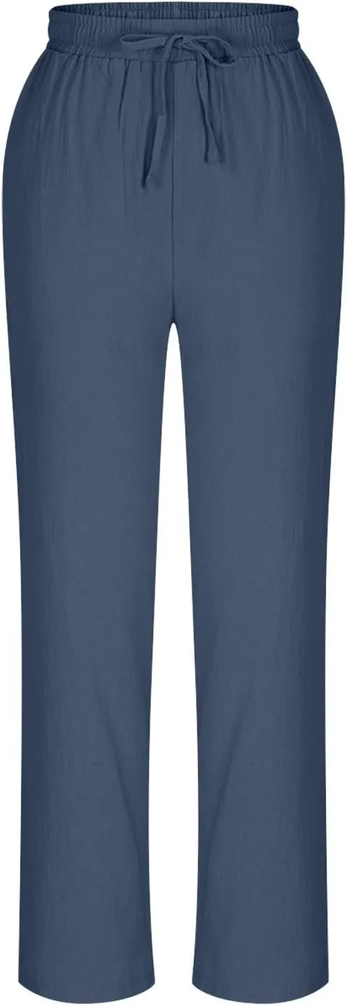 Women's Cotton Linen Pants Summer Straight Leg High Waisted Capri Pants Casual Drawstring Beach Trousers with Pockets