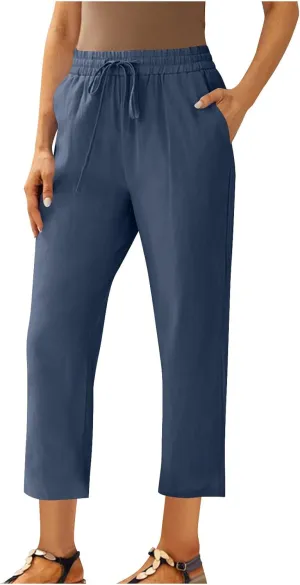 Women's Cotton Linen Pants Summer Straight Leg High Waisted Capri Pants Casual Drawstring Beach Trousers with Pockets