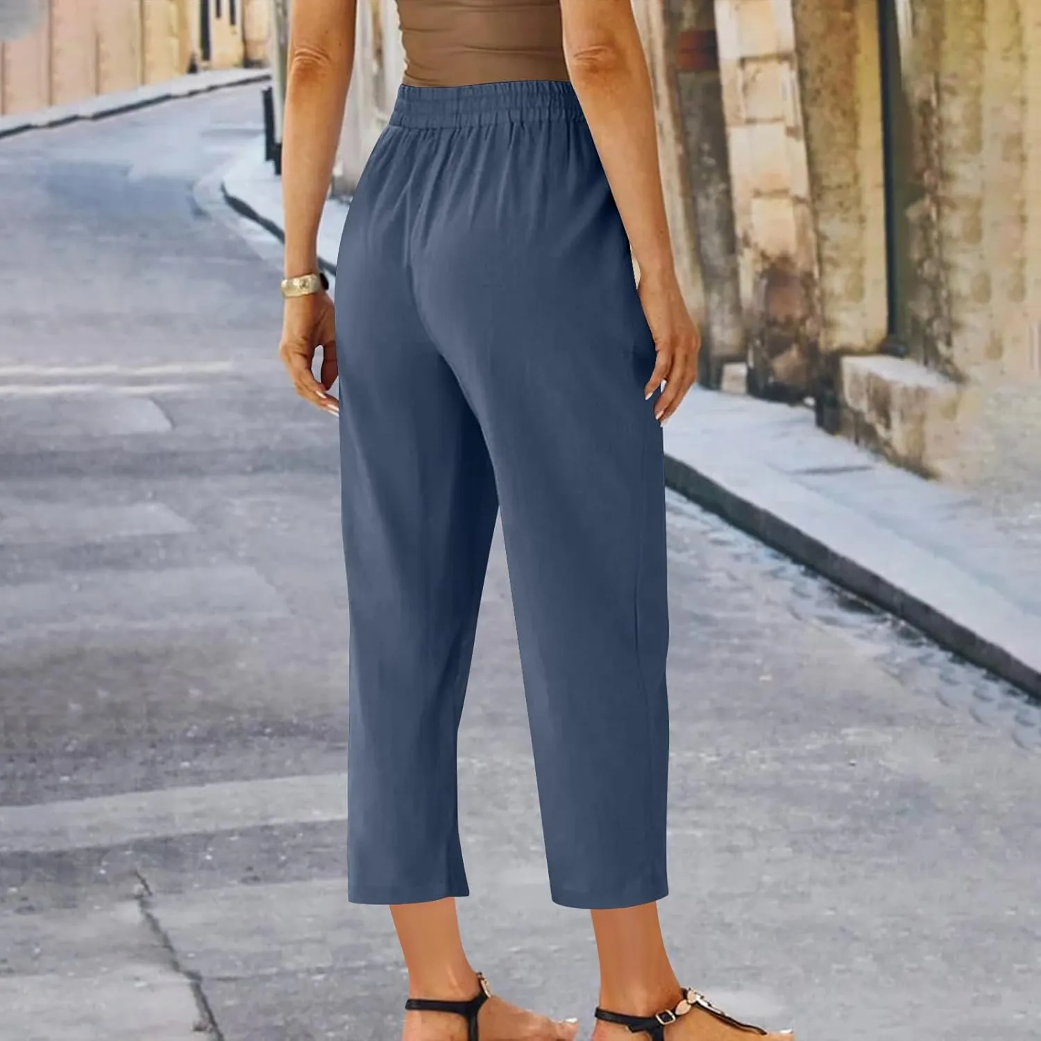 Women's Cotton Linen Pants Summer Straight Leg High Waisted Capri Pants Casual Drawstring Beach Trousers with Pockets