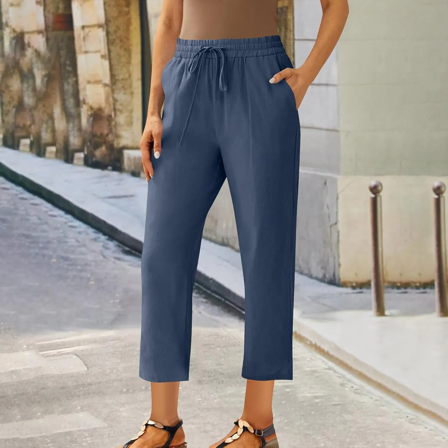 Women's Cotton Linen Pants Summer Straight Leg High Waisted Capri Pants Casual Drawstring Beach Trousers with Pockets