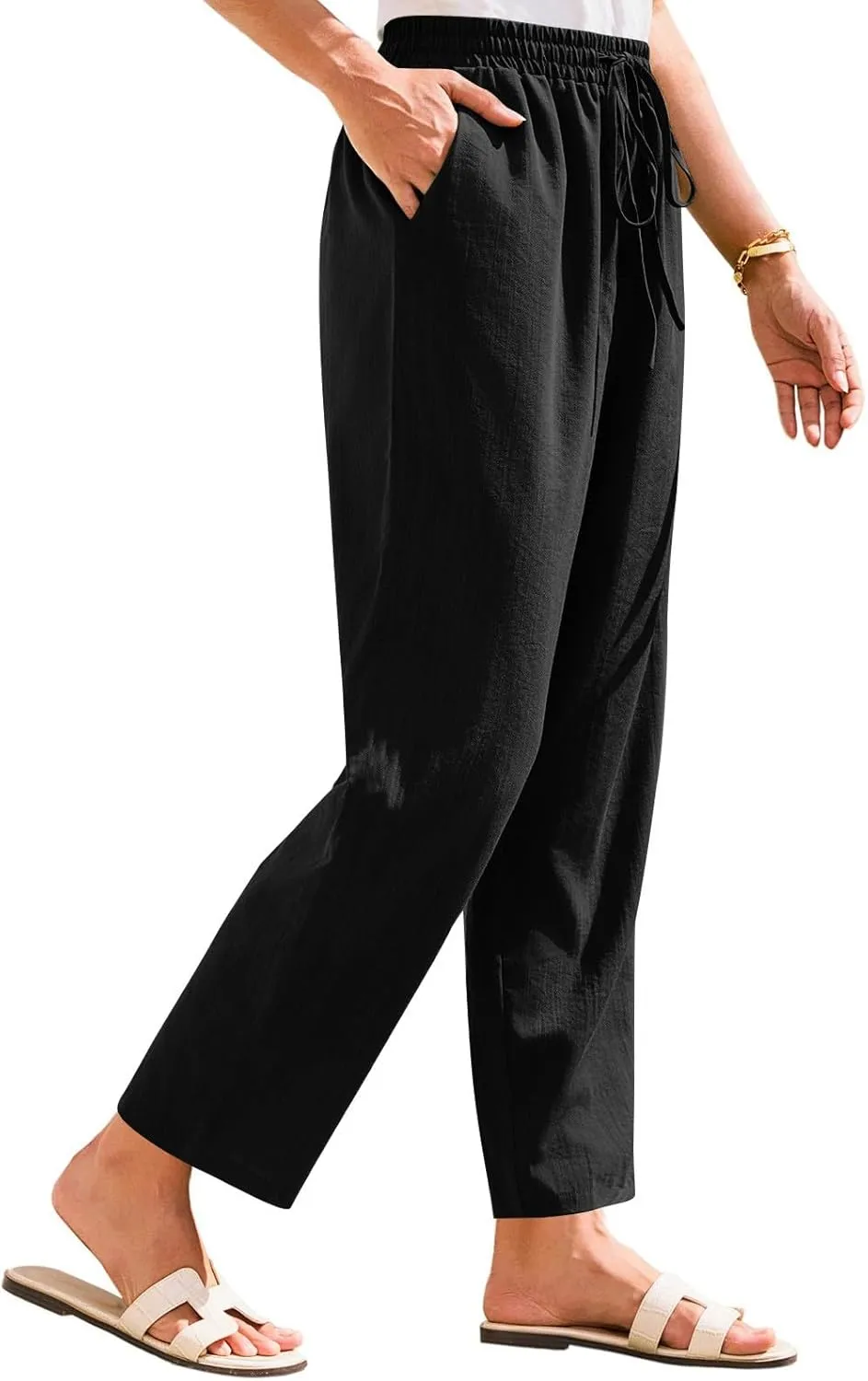 Women's Cotton Linen Straight Leg Pants Elastic Drawstring Trousers with Pockets Summer Beach Lounge Pants
