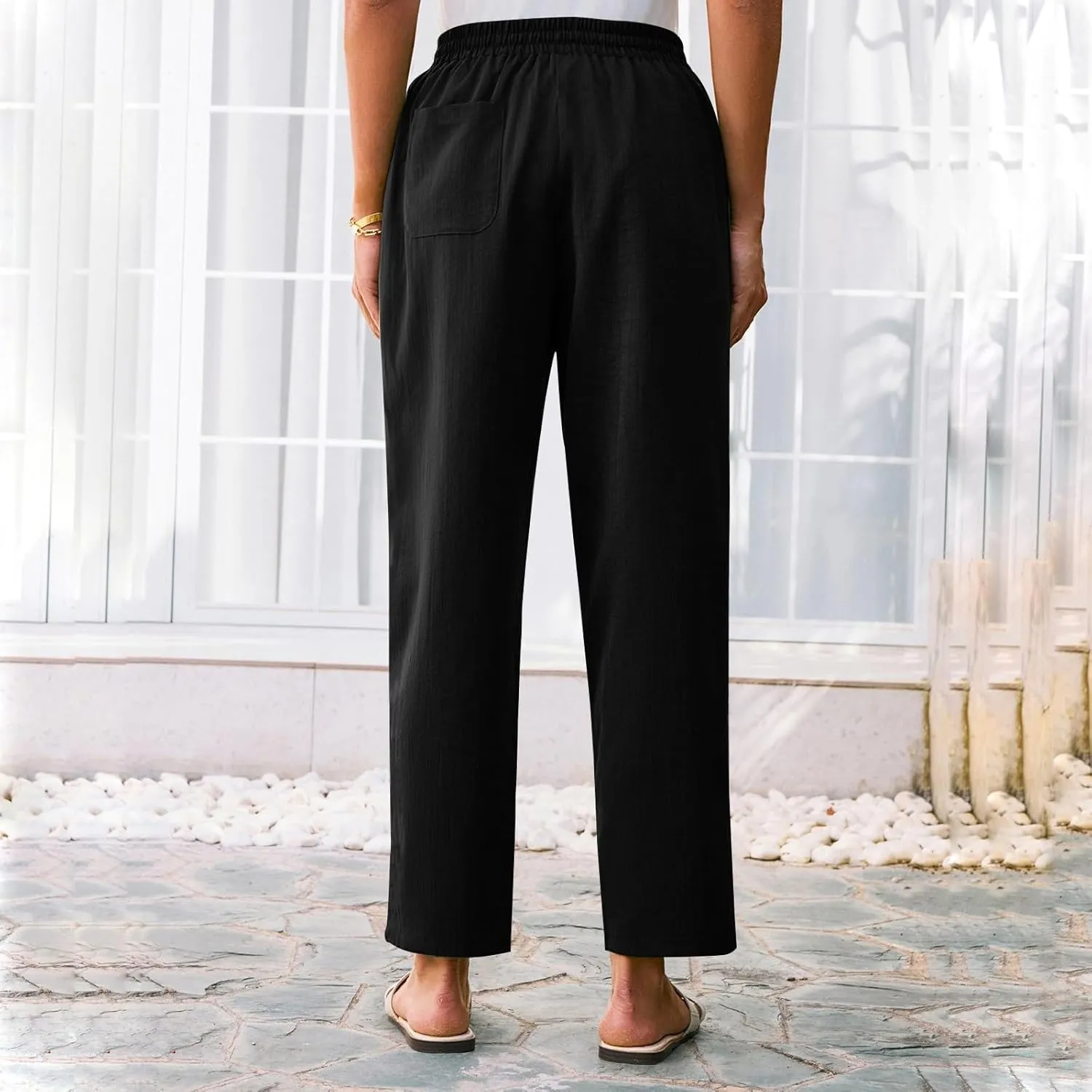 Women's Cotton Linen Straight Leg Pants Elastic Drawstring Trousers with Pockets Summer Beach Lounge Pants