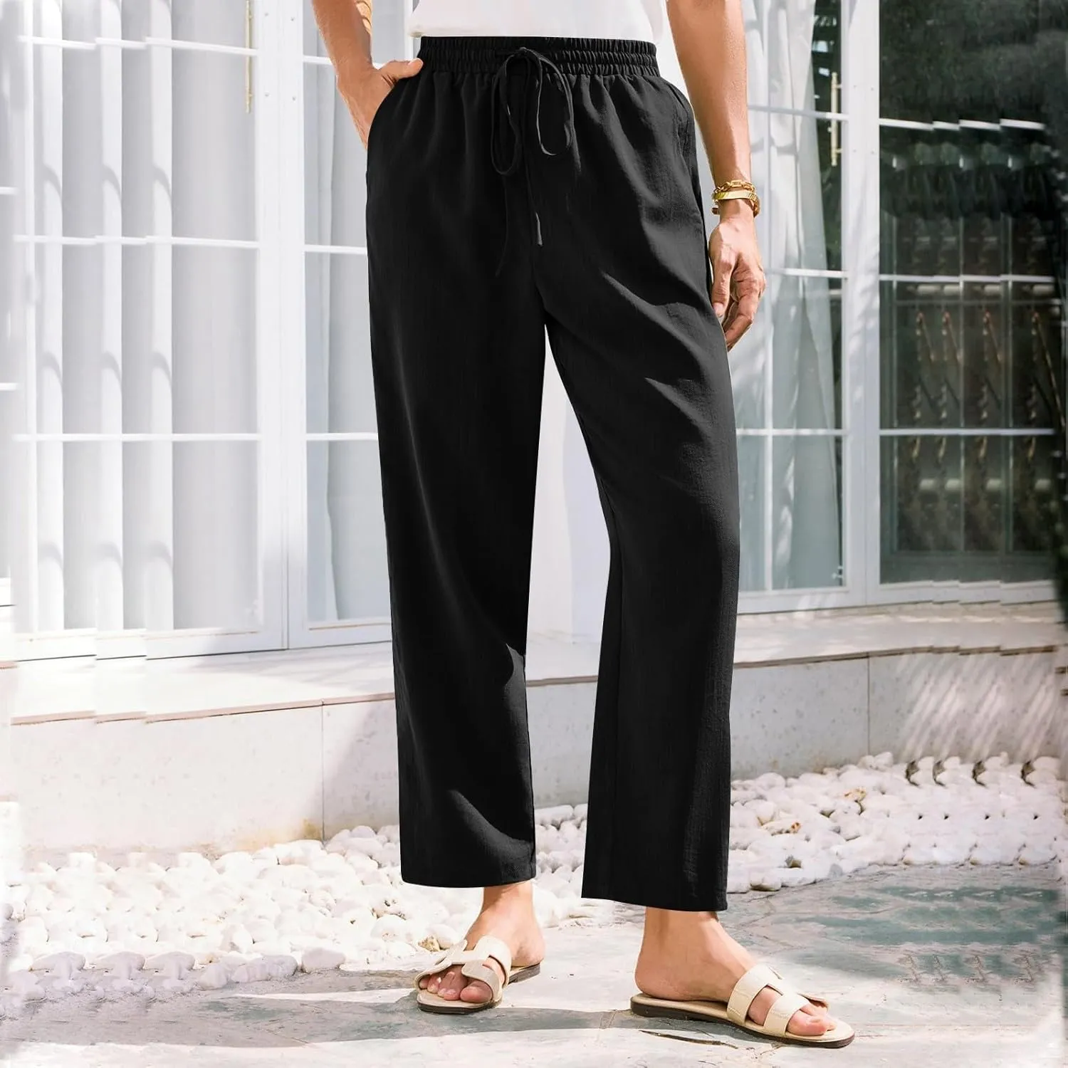 Women's Cotton Linen Straight Leg Pants Elastic Drawstring Trousers with Pockets Summer Beach Lounge Pants