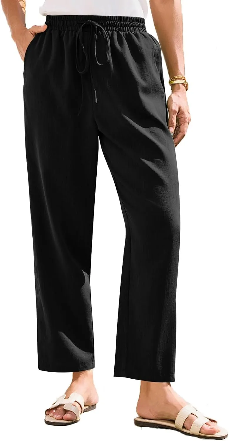 Women's Cotton Linen Straight Leg Pants Elastic Drawstring Trousers with Pockets Summer Beach Lounge Pants