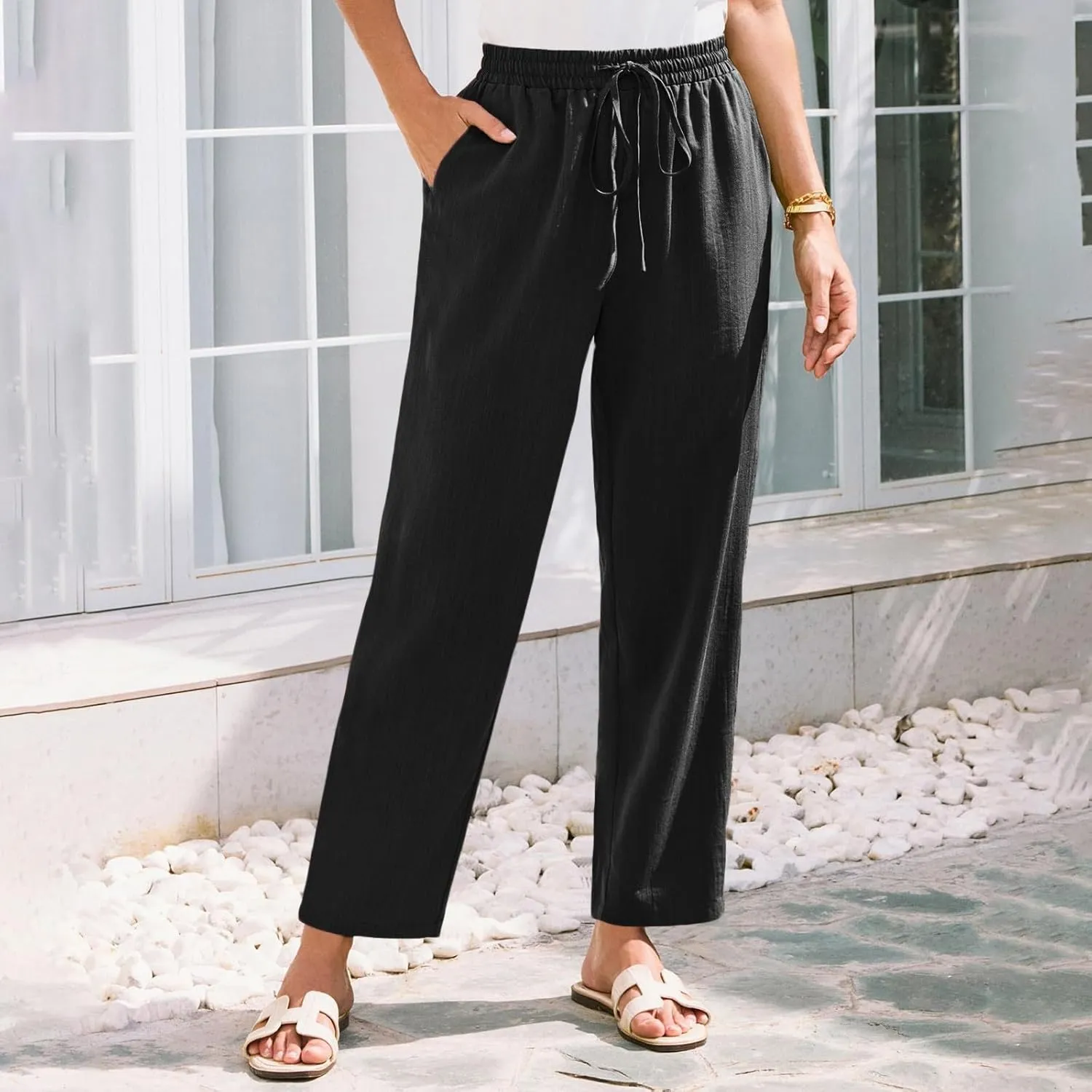 Women's Cotton Linen Straight Leg Pants Elastic Drawstring Trousers with Pockets Summer Beach Lounge Pants