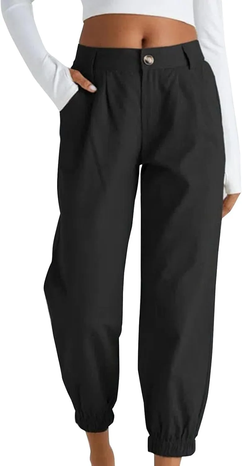 Women's Cropped Harem Pants Lightweight Solid Color Casual Sport Pant Trendy High Waist Cinch Bottom with Zipper Pocket