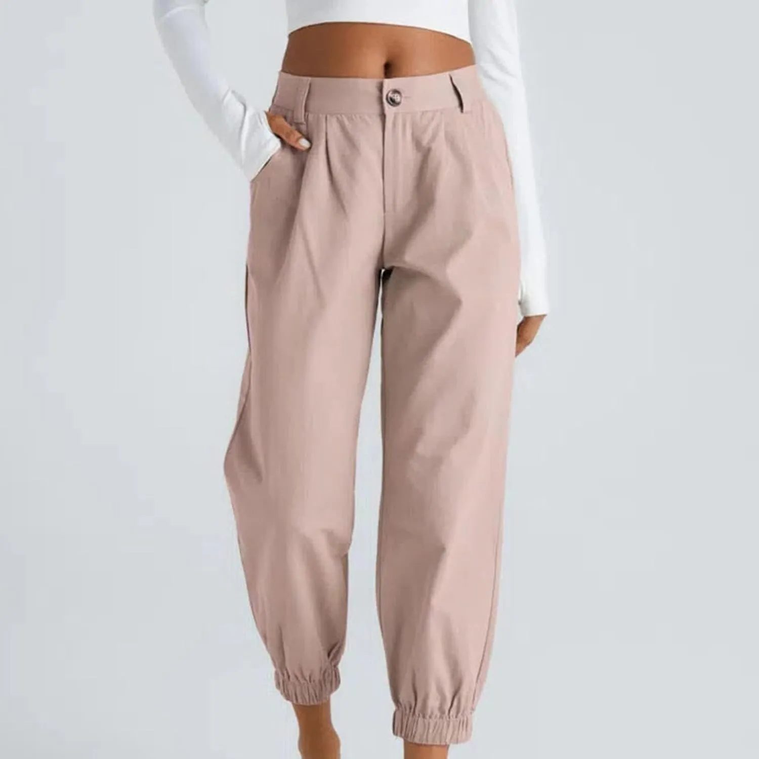 Women's Cropped Harem Pants Lightweight Solid Color Casual Sport Pant Trendy High Waist Cinch Bottom with Zipper Pocket
