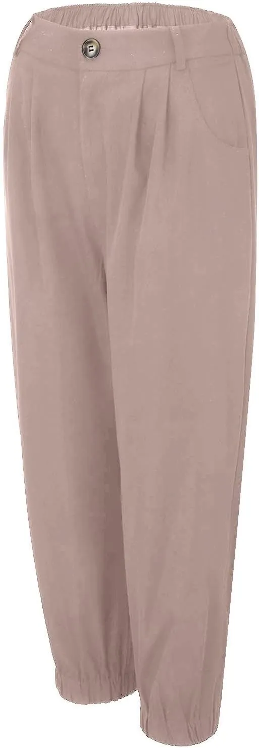 Women's Cropped Harem Pants Lightweight Solid Color Casual Sport Pant Trendy High Waist Cinch Bottom with Zipper Pocket