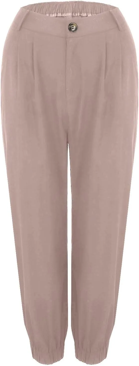 Women's Cropped Harem Pants Lightweight Solid Color Casual Sport Pant Trendy High Waist Cinch Bottom with Zipper Pocket