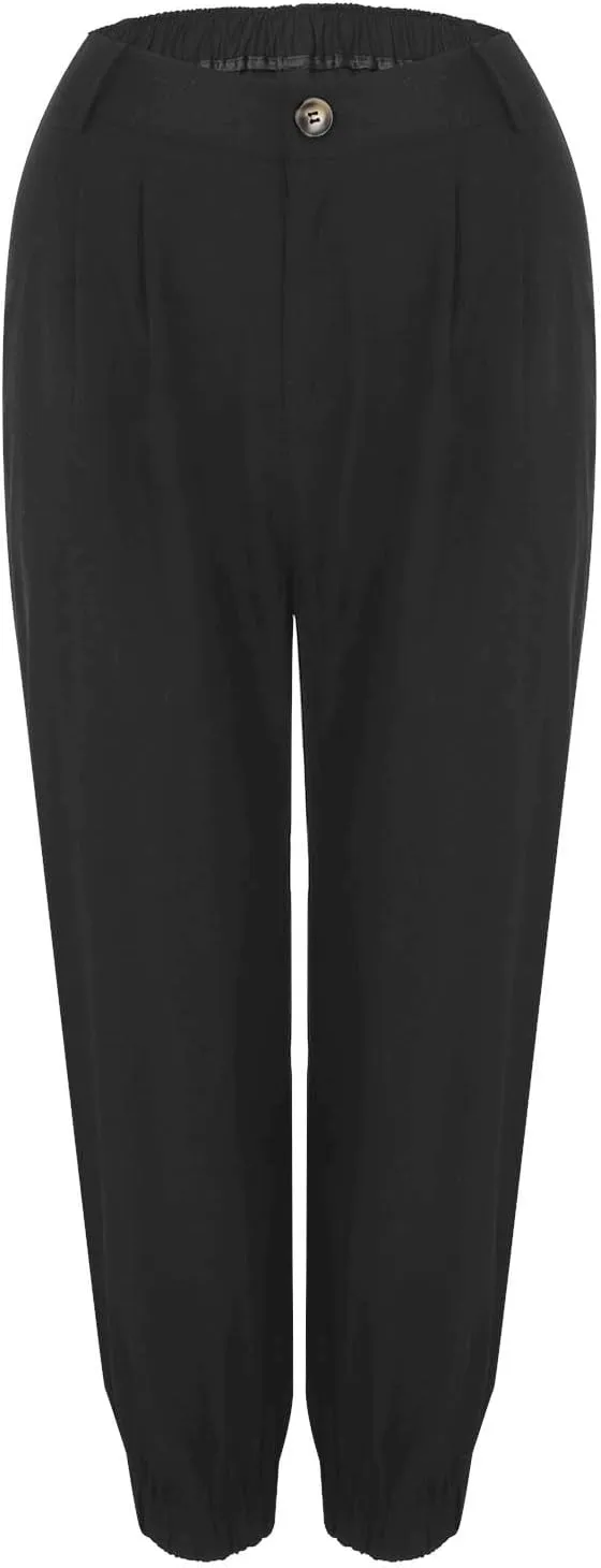 Women's Cropped Harem Pants Lightweight Solid Color Casual Sport Pant Trendy High Waist Cinch Bottom with Zipper Pocket