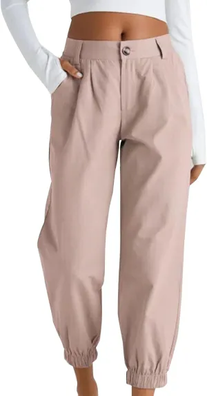 Women's Cropped Harem Pants Lightweight Solid Color Casual Sport Pant Trendy High Waist Cinch Bottom with Zipper Pocket