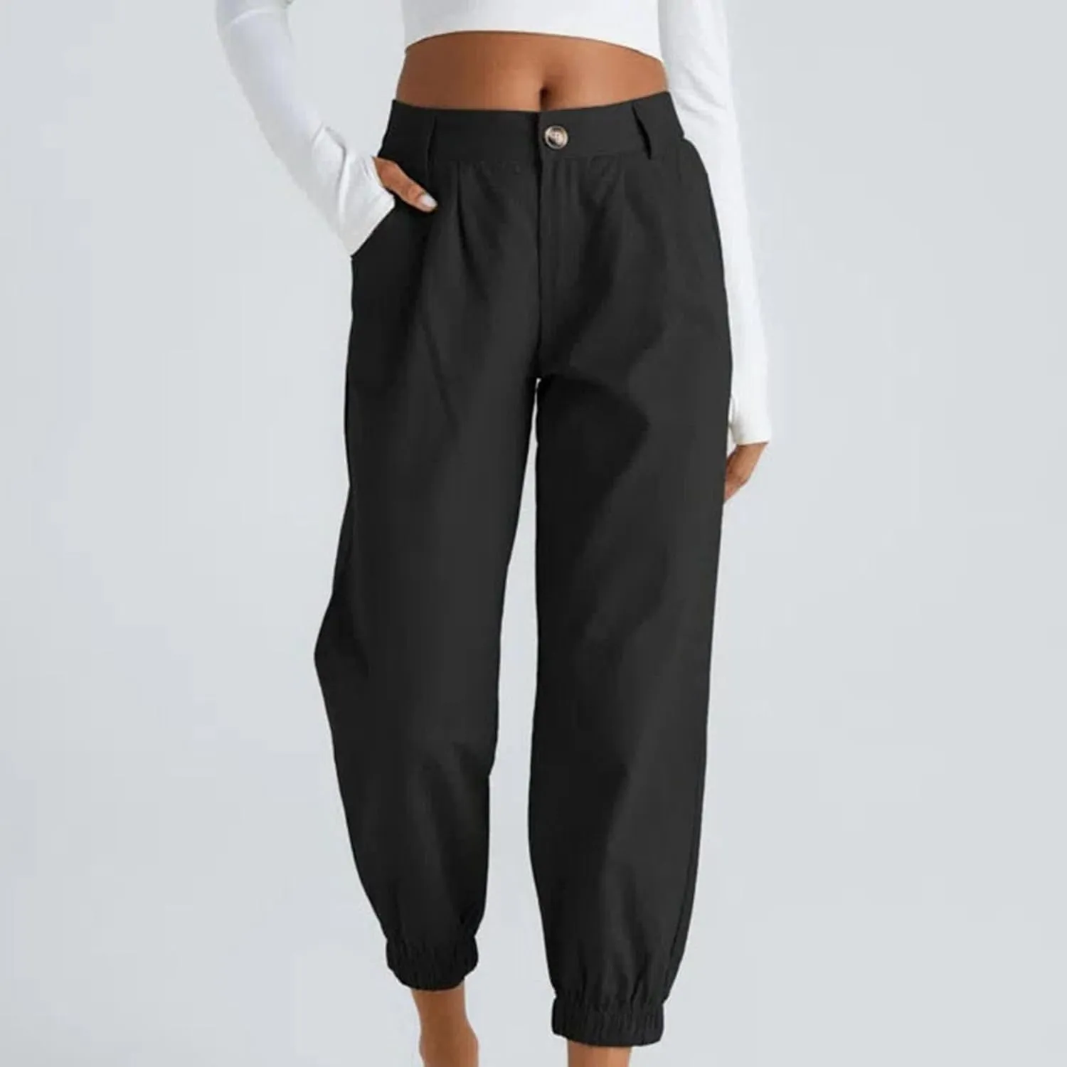 Women's Cropped Harem Pants Lightweight Solid Color Casual Sport Pant Trendy High Waist Cinch Bottom with Zipper Pocket