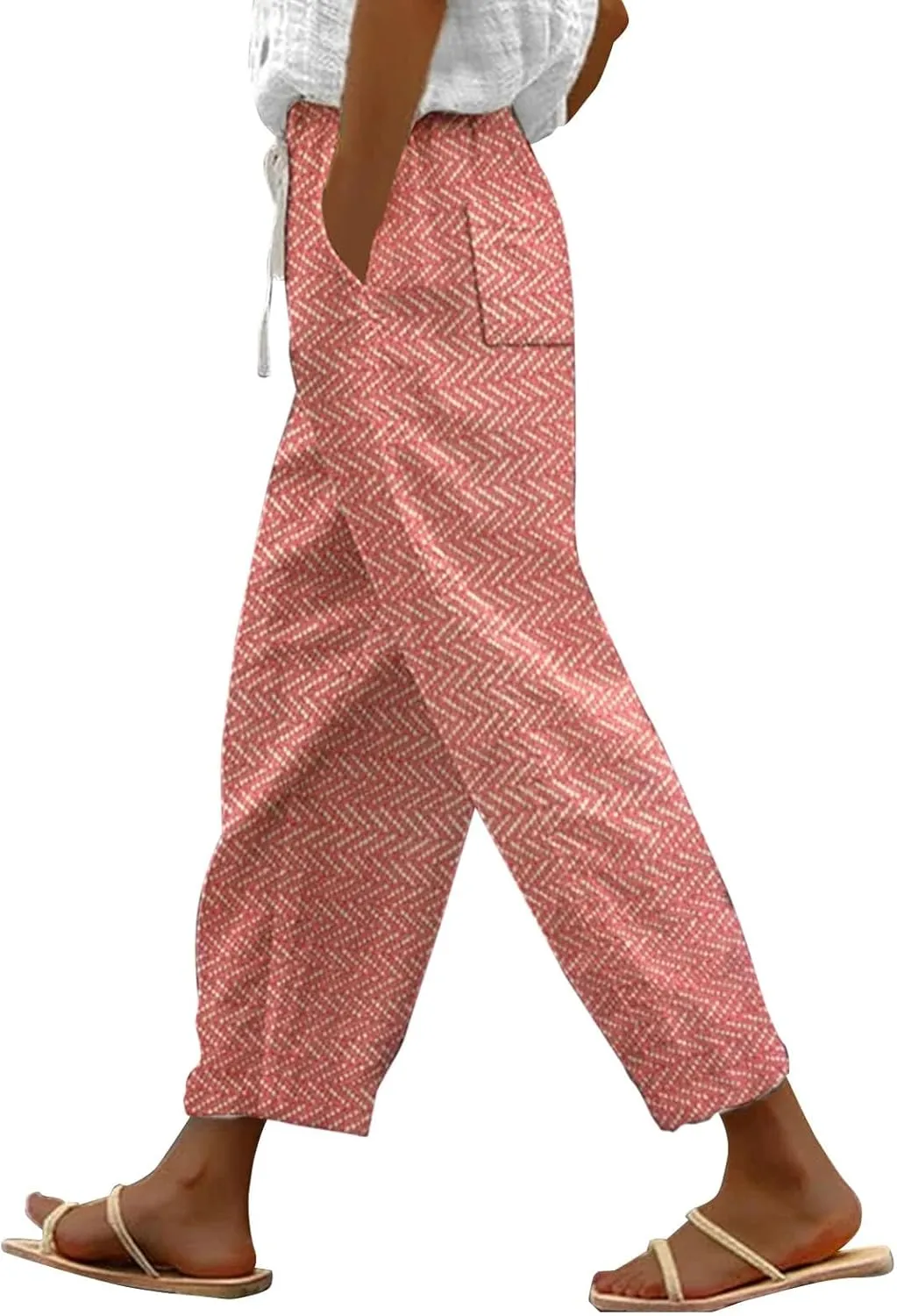 Women's Cropped Linen Capris with Pockets, Adjustable Waist Wide-Leg Trousers Beach Vacations Casual Outdoor