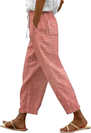 Women's Cropped Linen Capris with Pockets, Adjustable Waist Wide-Leg Trousers Beach Vacations Casual Outdoor