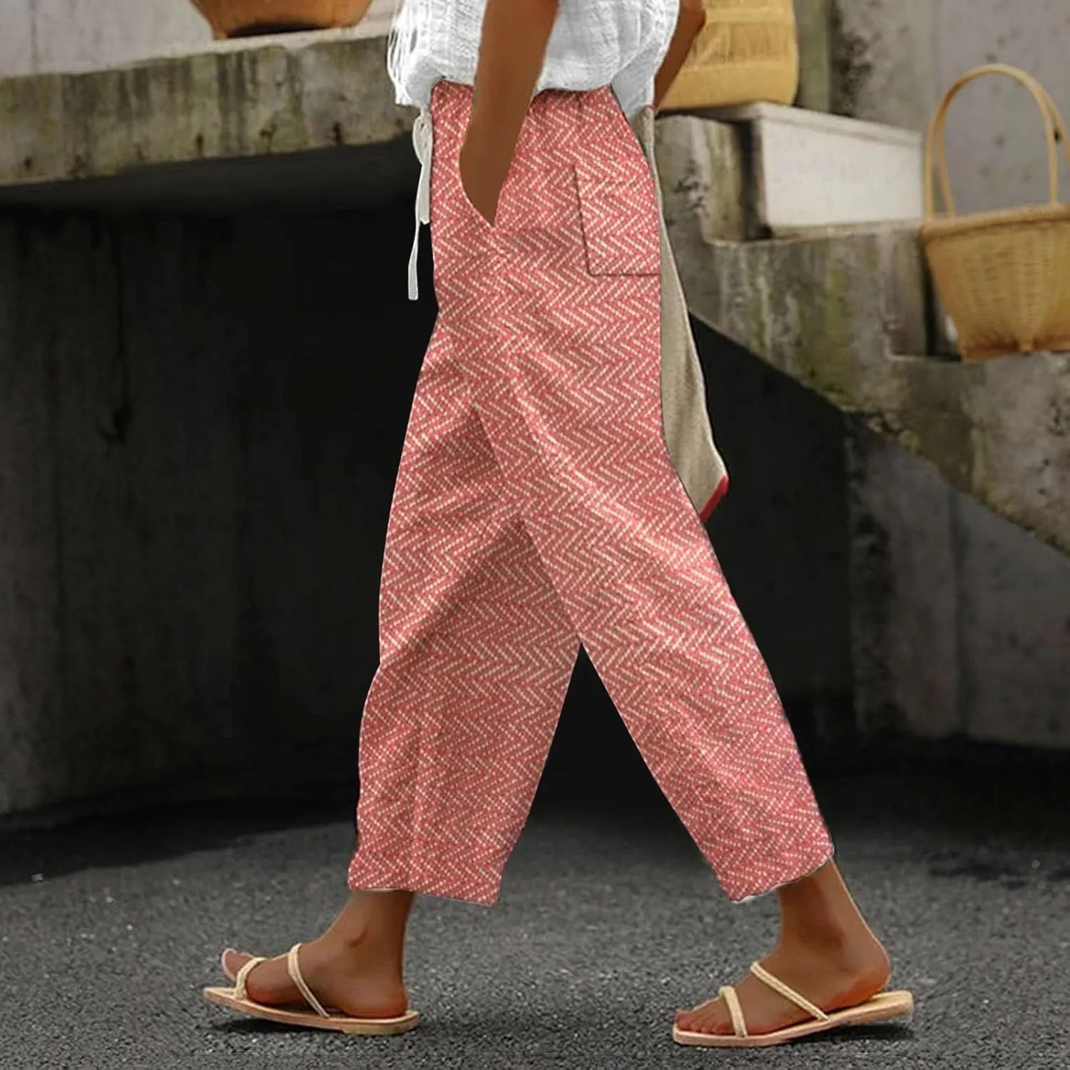 Women's Cropped Linen Capris with Pockets, Adjustable Waist Wide-Leg Trousers Beach Vacations Casual Outdoor