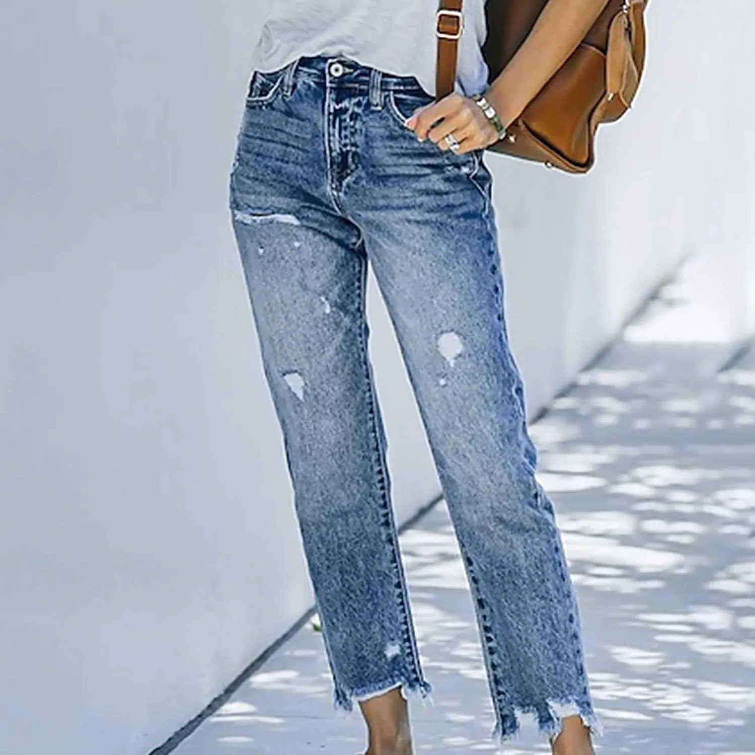 Womens Distressed Ripped Denim Pants High Waist Wide Leg Fashion Cropped Trousers Classic Jeans Pockets Streetwear