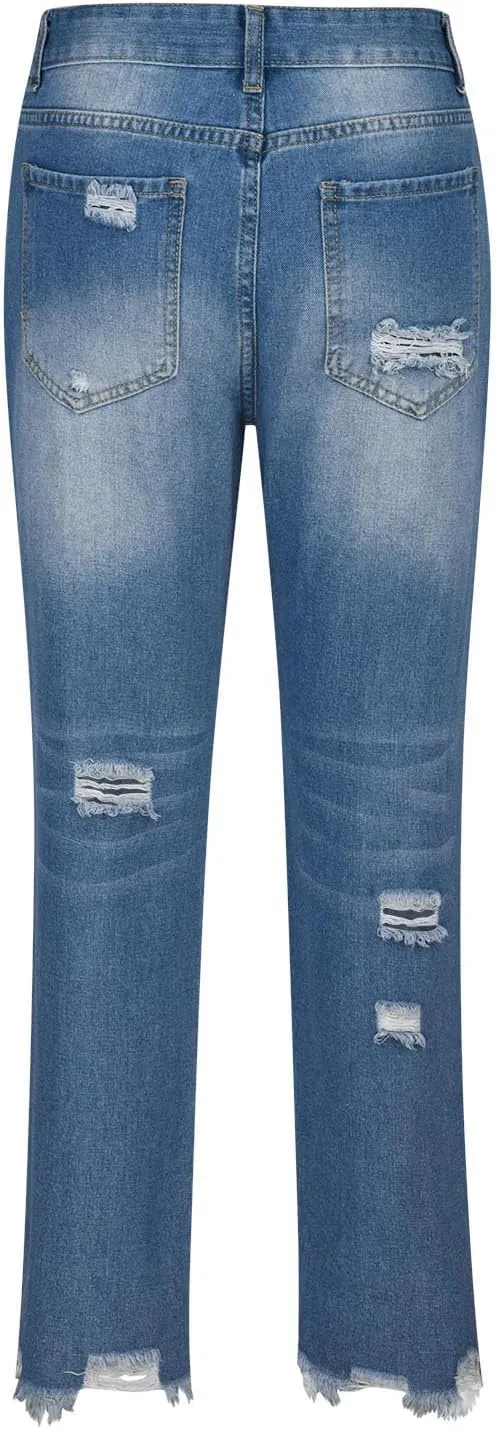 Womens Distressed Ripped Denim Pants High Waist Wide Leg Fashion Cropped Trousers Classic Jeans Pockets Streetwear