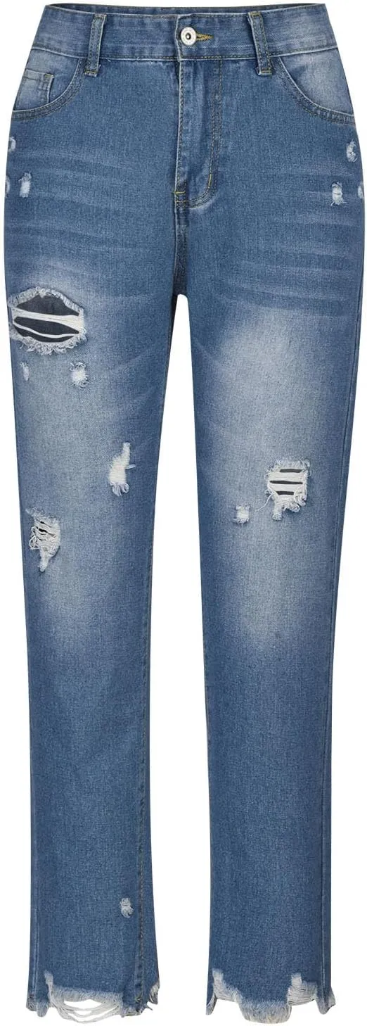 Womens Distressed Ripped Denim Pants High Waist Wide Leg Fashion Cropped Trousers Classic Jeans Pockets Streetwear