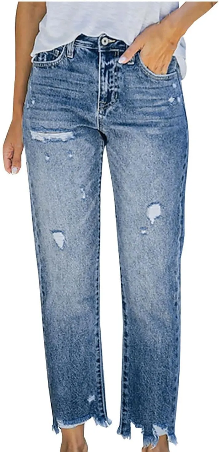 Womens Distressed Ripped Denim Pants High Waist Wide Leg Fashion Cropped Trousers Classic Jeans Pockets Streetwear