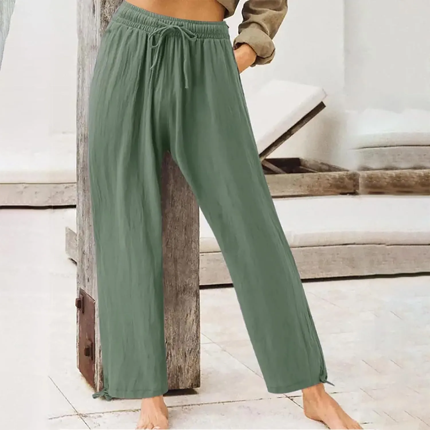 Womens Elastic High Waisted Palazzo Pants 2024 Summer Trendy Casual Wide Leg Pant Long Lounge Trousers with Pocket
