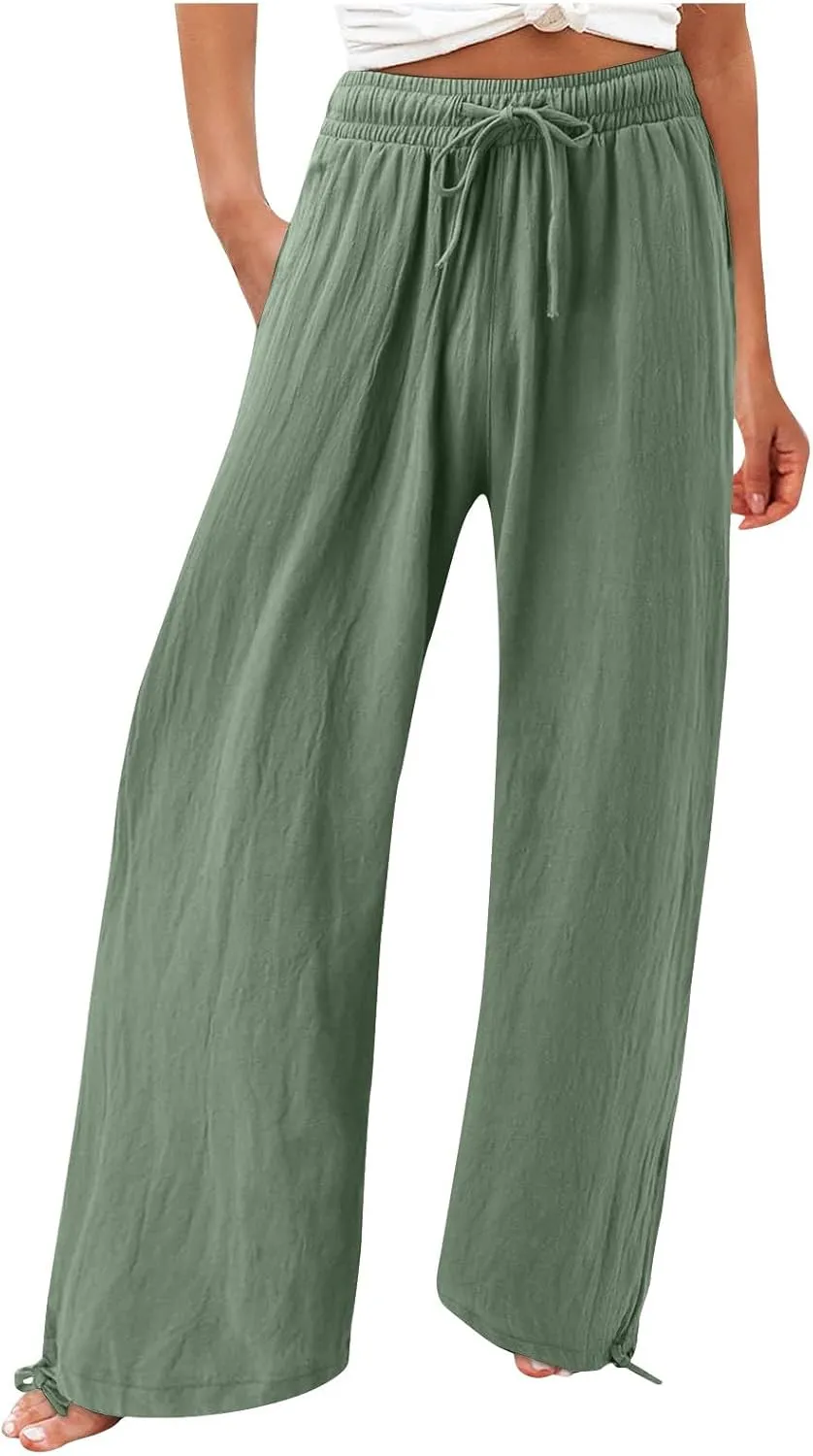 Womens Elastic High Waisted Palazzo Pants 2024 Summer Trendy Casual Wide Leg Pant Long Lounge Trousers with Pocket