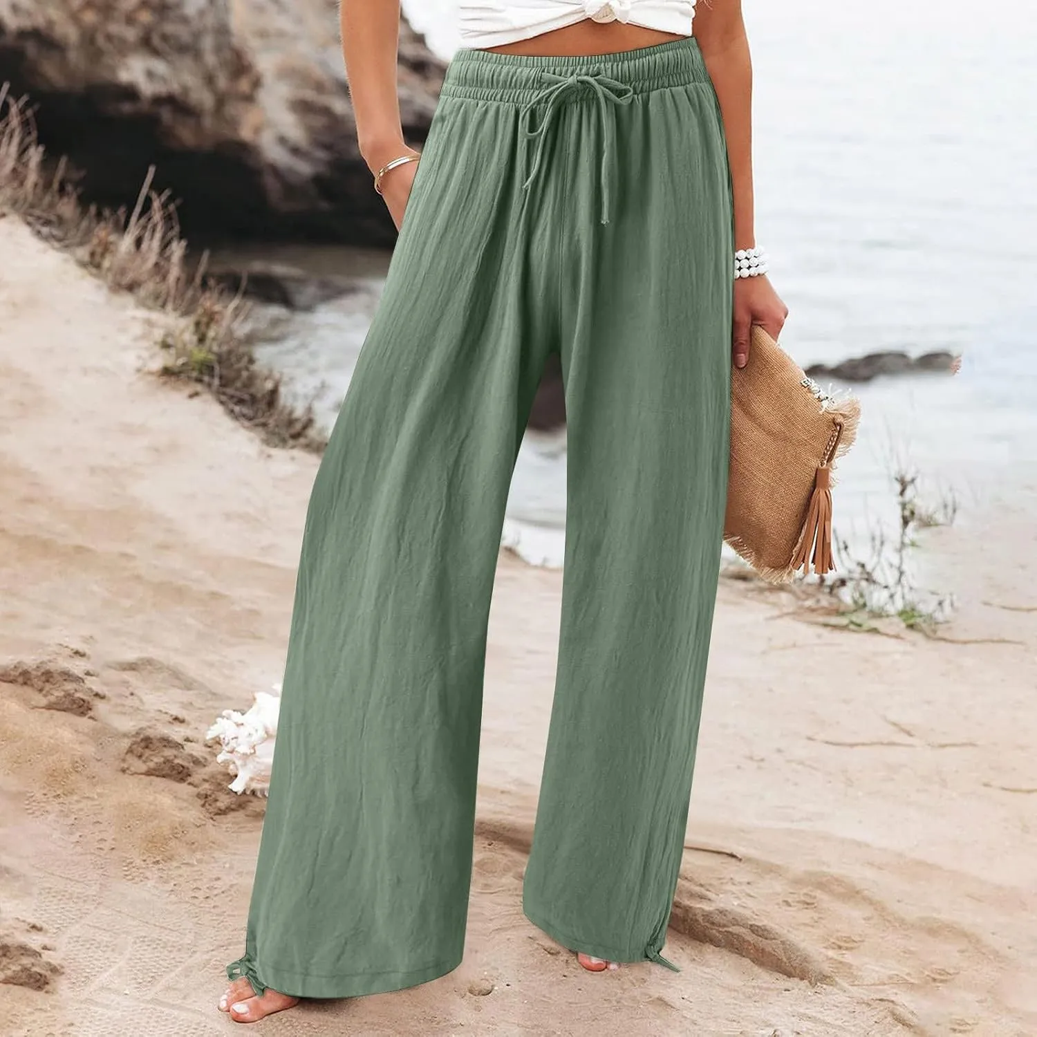 Womens Elastic High Waisted Palazzo Pants 2024 Summer Trendy Casual Wide Leg Pant Long Lounge Trousers with Pocket