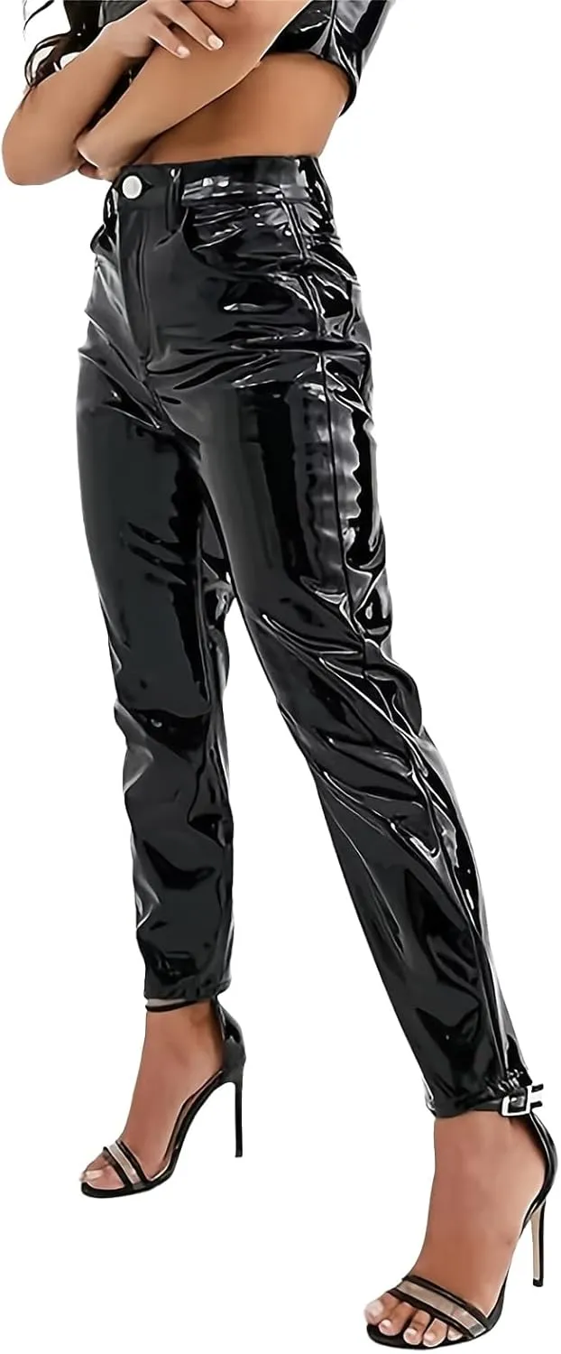 Women's Elegant Pants PU Shiny Patent Faux Leather High Waist Cropped Trousers Clubwear Style Trendy Designer Clothes